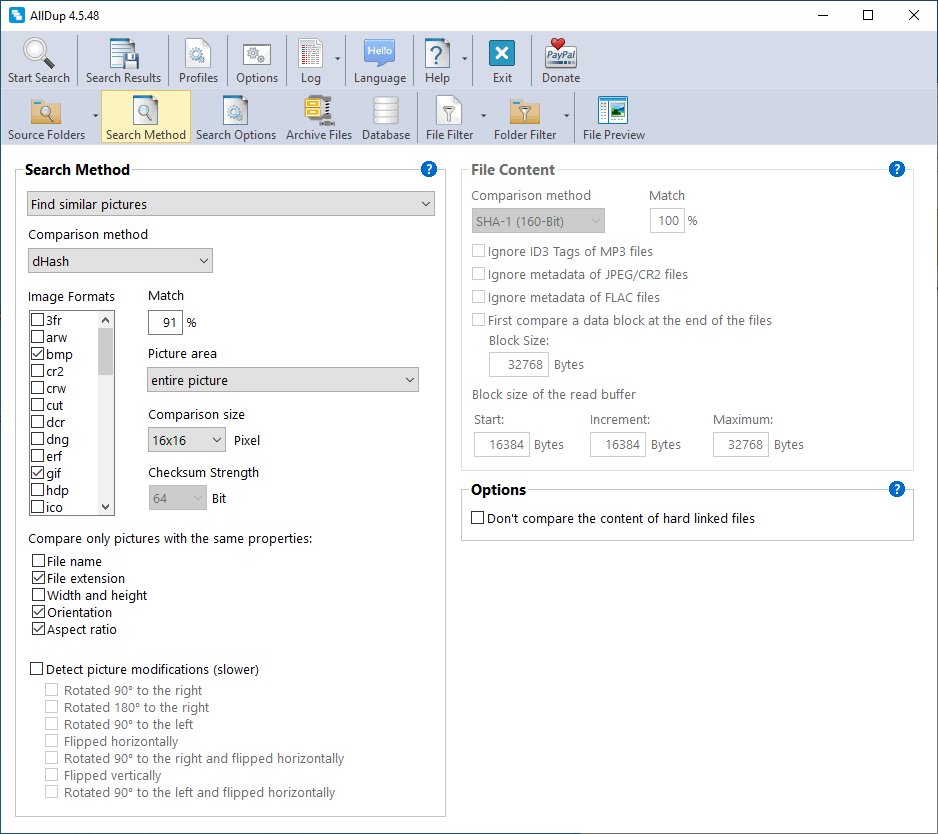 Настройка метода поиска в AllDup