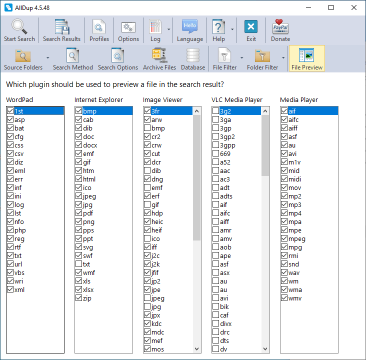 Окно настройки File Preview в AllDup