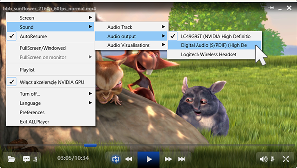 ALLPlayer: Sound → Audio Track / Audio output / Audio Visualisations