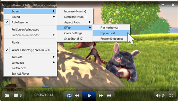 ALLPlayer: контекстное меню Image/Effect, пропорции, Num+/Num- и SnapShot (F12)