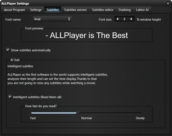 ALLPlayer Settings → Subtitles: автопоказ и Intelligent Subtitles со скоростью чтения