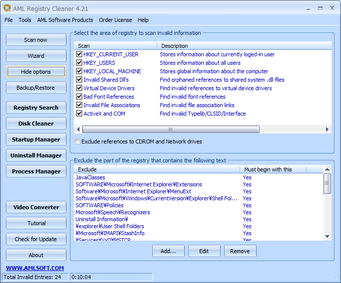 Экран выбора областей сканирования и исключений