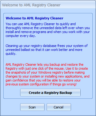 Окно приветствия AML Free Registry Cleaner