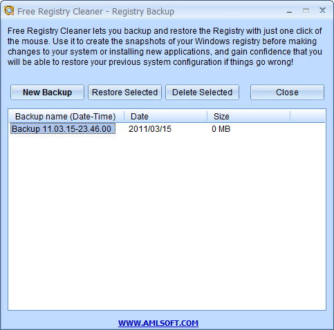 Окно Registry Backup в AML Free Registry Cleaner