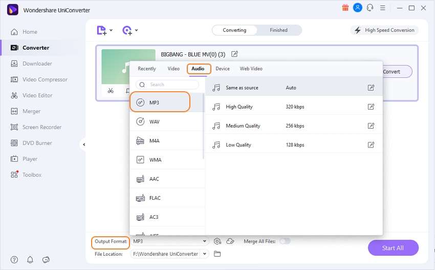 Выбор MP3 в Wondershare UniConverter