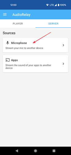 Выбор источника Microphone во вкладке Server приложения AudioRelay