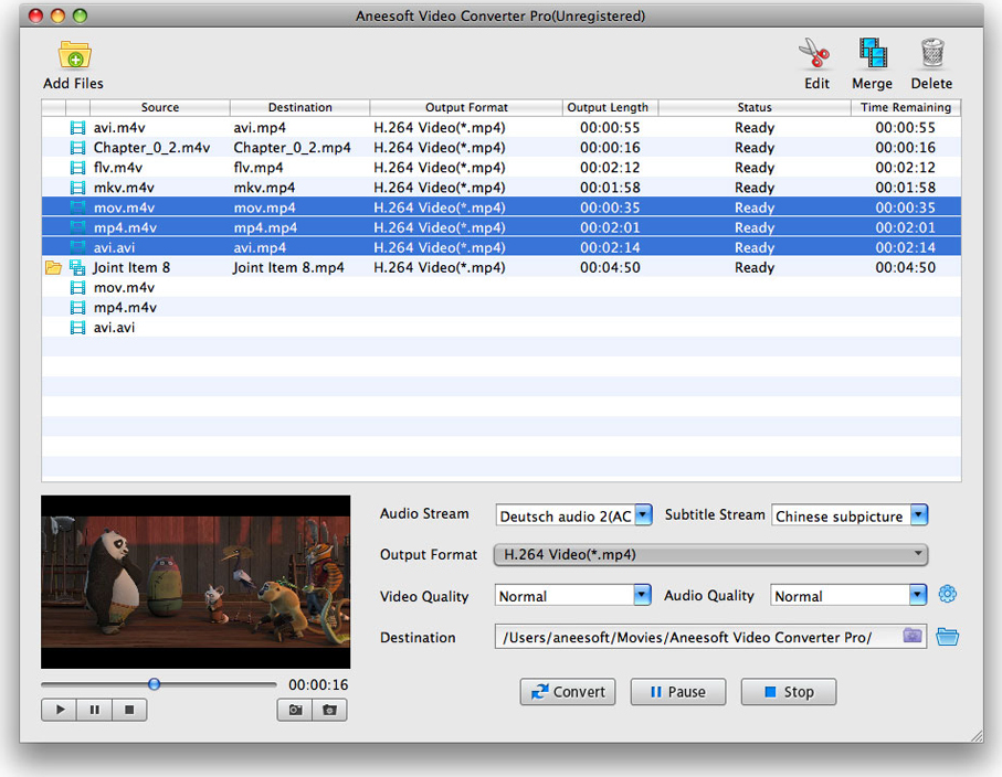 Aneesoft Video Converter Pro с выбранными Audio Stream, Subtitle Stream, Output Format, Video Quality, Audio Quality и Destination