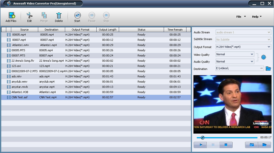 Главное окно Aneesoft Video Converter Pro с очередью файлов, кнопками Add Files, Edit, Merge, Delete, Start, Pause, Stop и настройками Output Format
