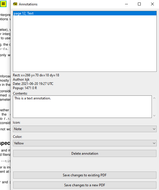Окно редактирования аннотаций в SumatraPDF
