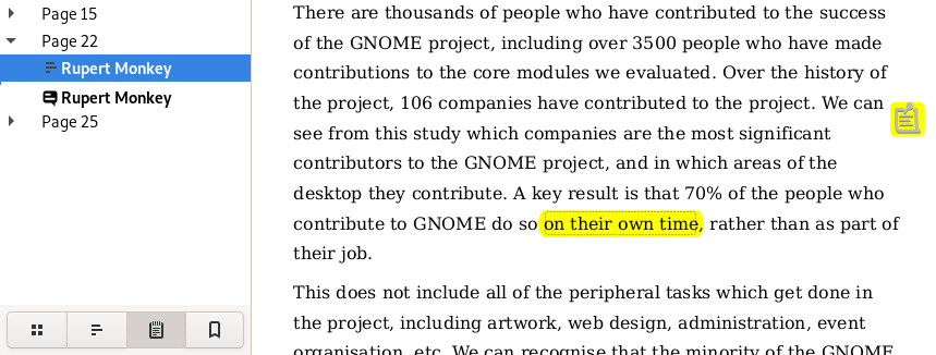 Навигация по списку аннотаций в боковой панели Evince