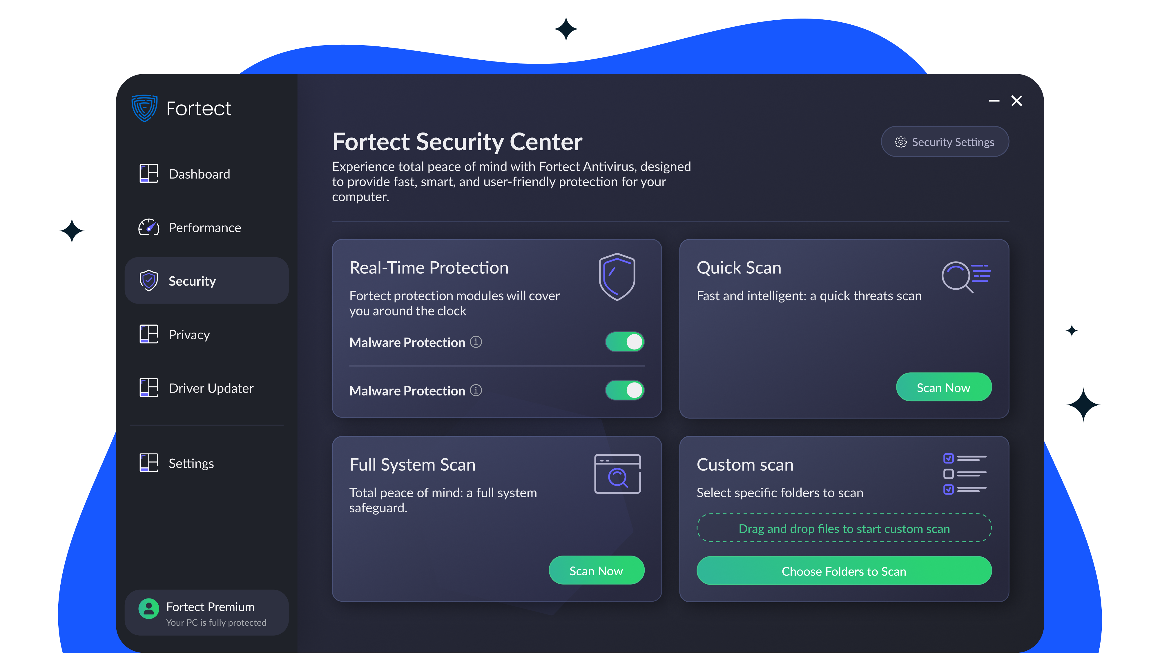 Fortect Security Center с Quick Scan, Full System Scan и Custom Scan