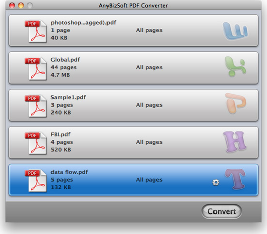 Очередь файлов в AnyBizSoft PDF Converter для Mac
