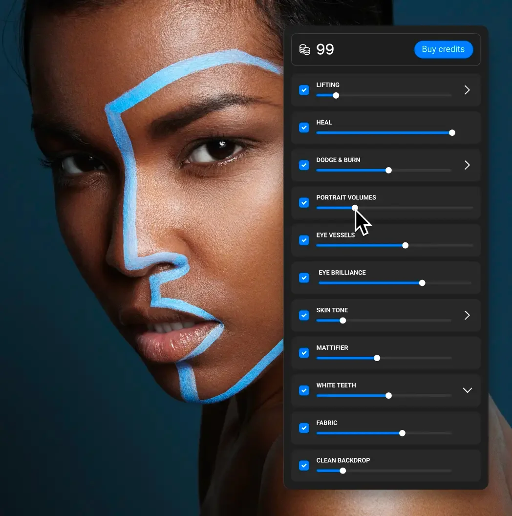 Настройки Retouch4me Apex: пресеты, интенсивность инструментов и панель обработки
