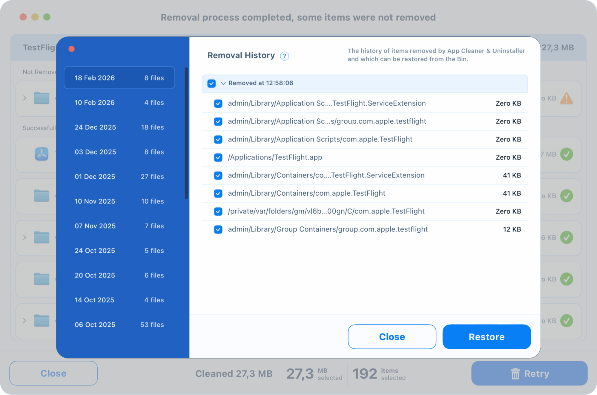 Окно Removal History