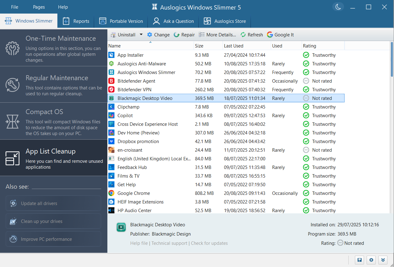 Раздел App List Cleanup в Auslogics Windows Slimmer