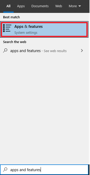 Поиск Apps & features в Windows 10