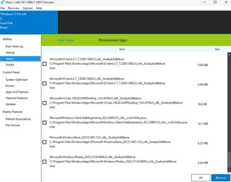 Раздел Appx в Dism++