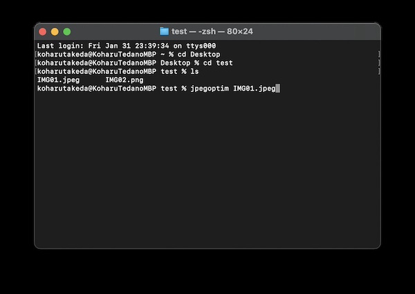Пример запуска Jpegoptim в терминале macOS для обработки JPEG-файла