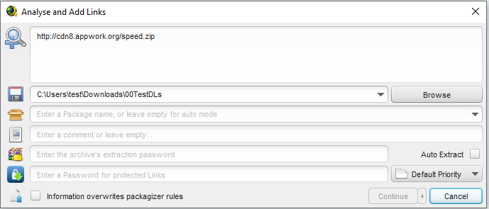 Окно Analyse and Add Links в JDownloader 2