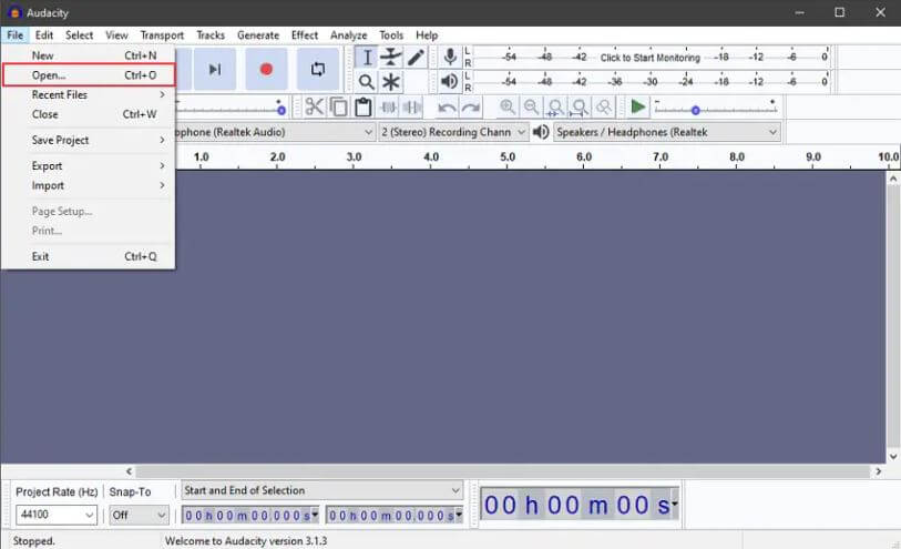 Открытие повреждённого аудио в Audacity