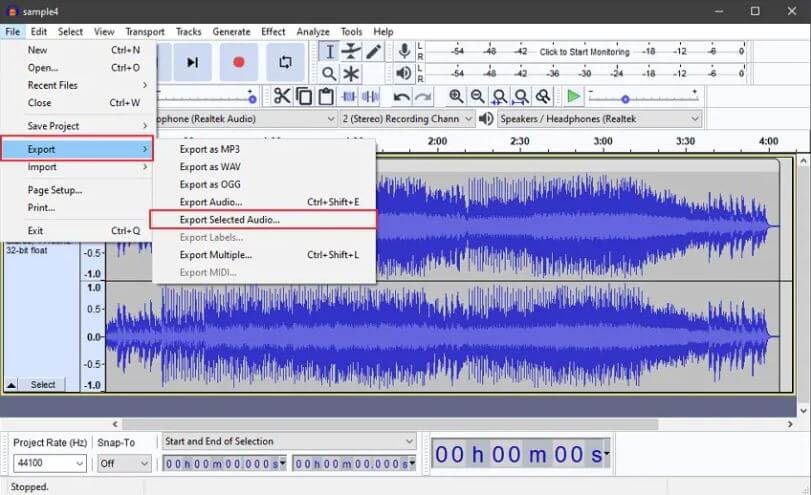 Экспорт восстановленного аудио в Audacity