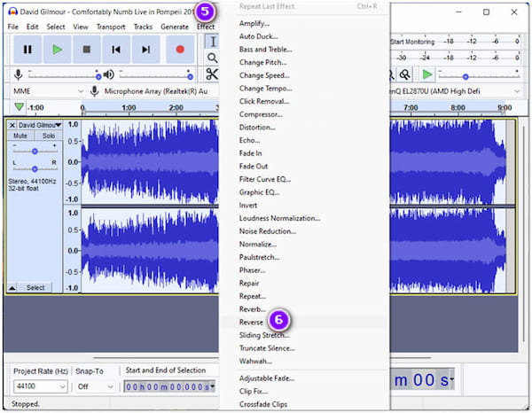 Audacity на Mac: меню Effect и Reverse