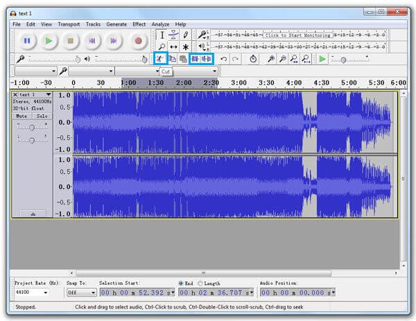 Audacity: выделение фрагмента звуковой дорожки