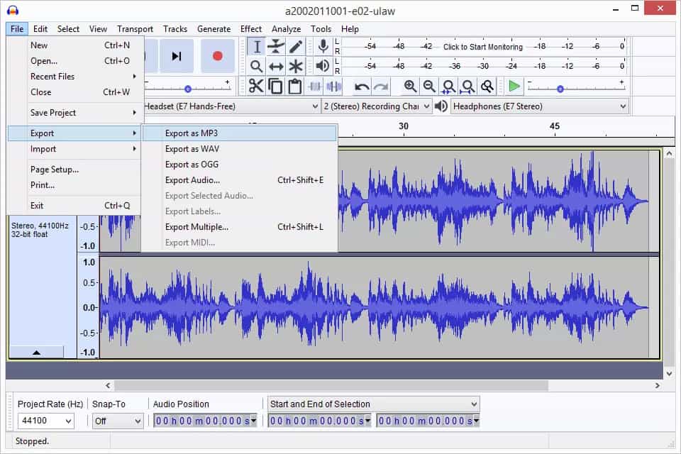 Экспорт MP3 в Audacity