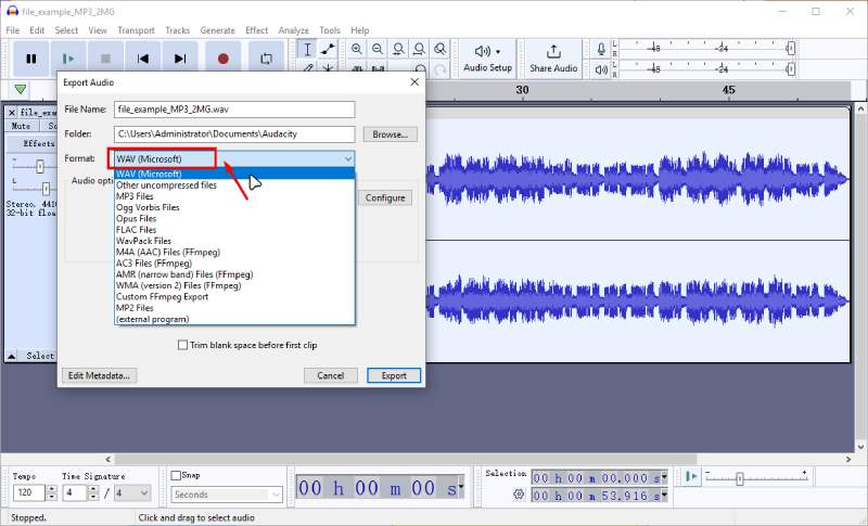 Экспорт MP3 в M4A через Audacity