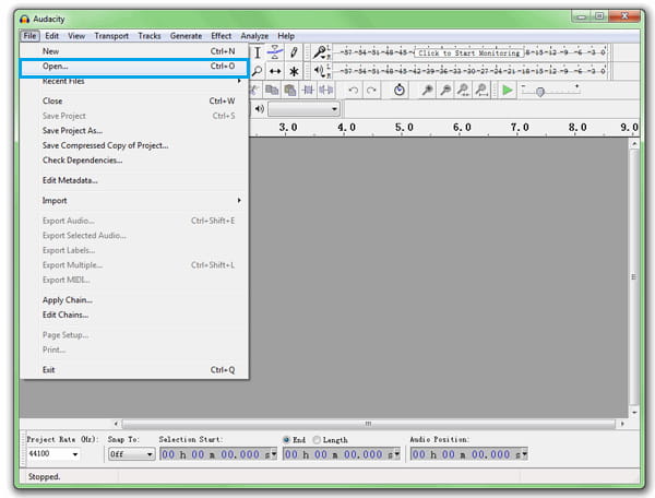 Импорт MP3 в Audacity перед подготовкой аудио