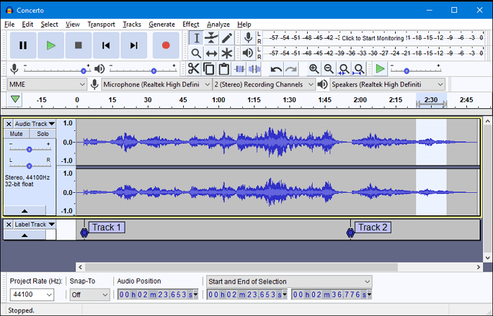 Скриншот Audacity с аудиодорожкой и волновой формой