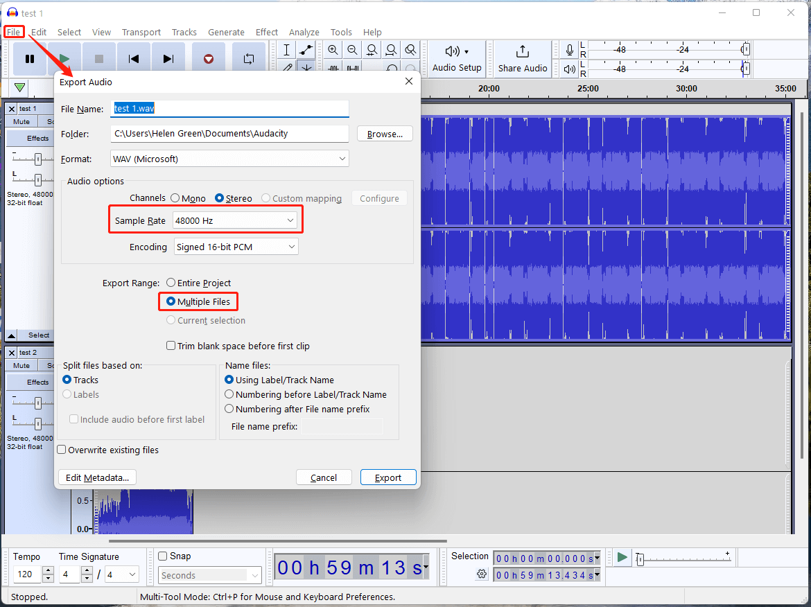 Настройка Sample Rate при экспорте из Audacity