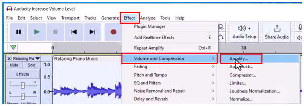 Выбор эффекта усиления в Audacity