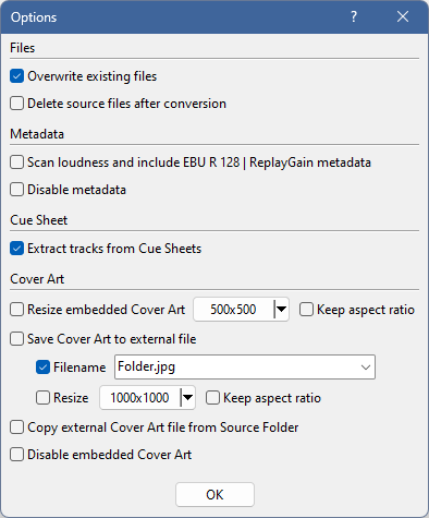 Окно Audio Converter Options в EZ CD Audio Converter