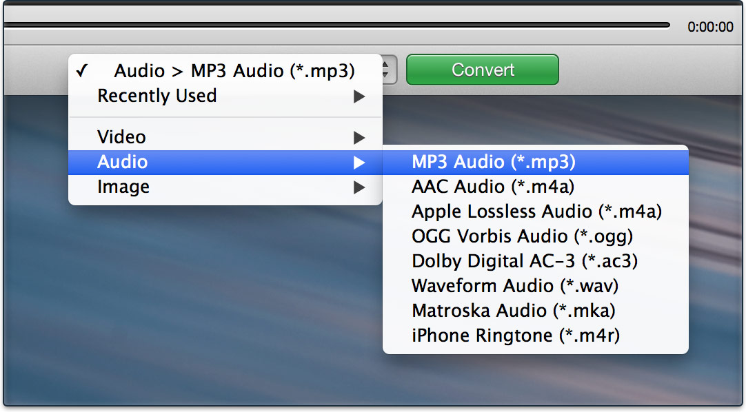 Adapter — выбор MP3 Audio в меню Audio