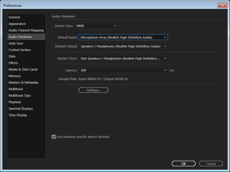 Настройка аудиоустройства в Adobe Audition