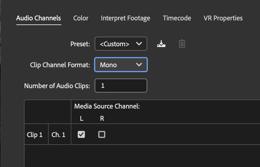 Окно Audio Channels в Adobe Premiere Pro