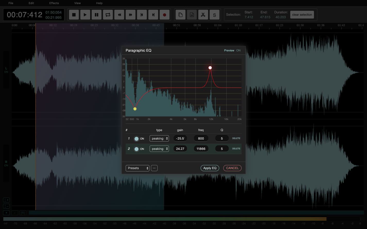 Скриншот AudioMass с волновой формой и эквалайзером