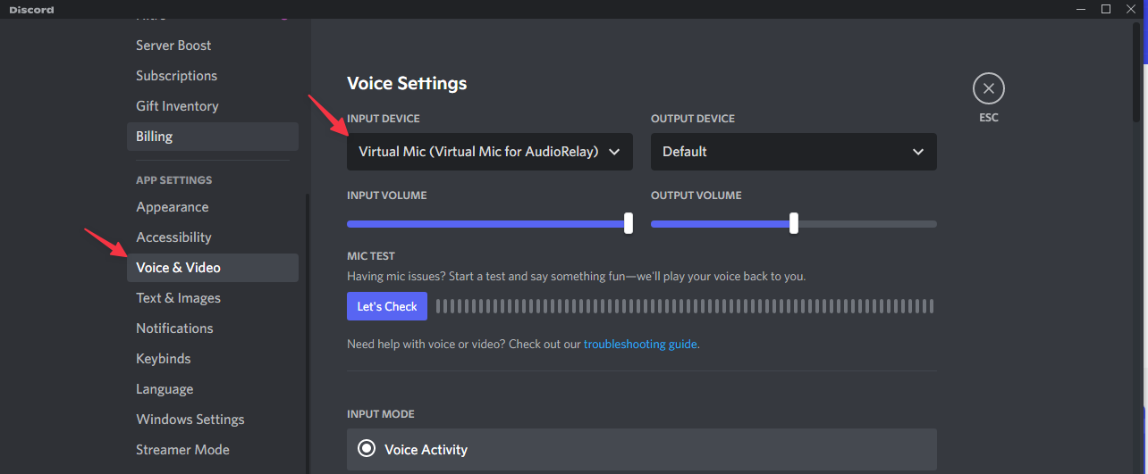 Выбор виртуального микрофона AudioRelay в Discord