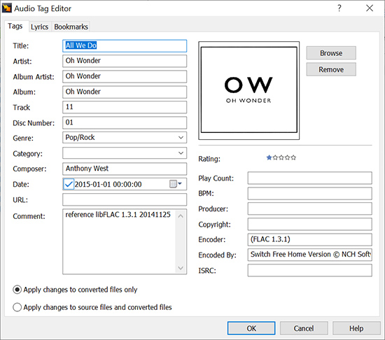 Редактор тегов в NCH Switch Plus