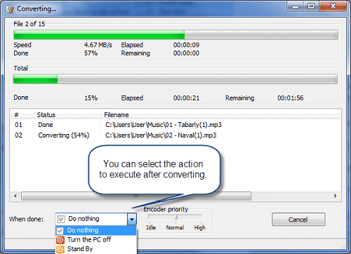 Audio Transcoder — окно прогресса конвертации