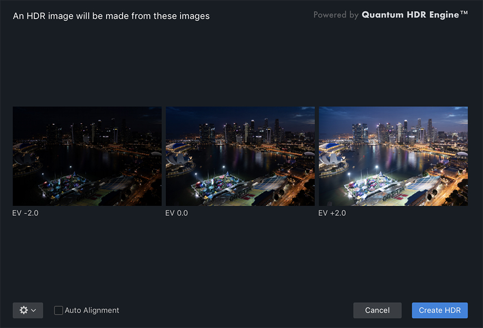 Окно подготовки HDR в Aurora HDR 2019 с экспозициями EV -2.0, EV 0.0, EV +2.0 и кнопкой Create HDR