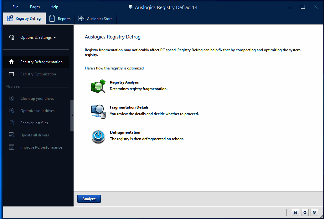 Стартовый экран Auslogics Registry Defrag