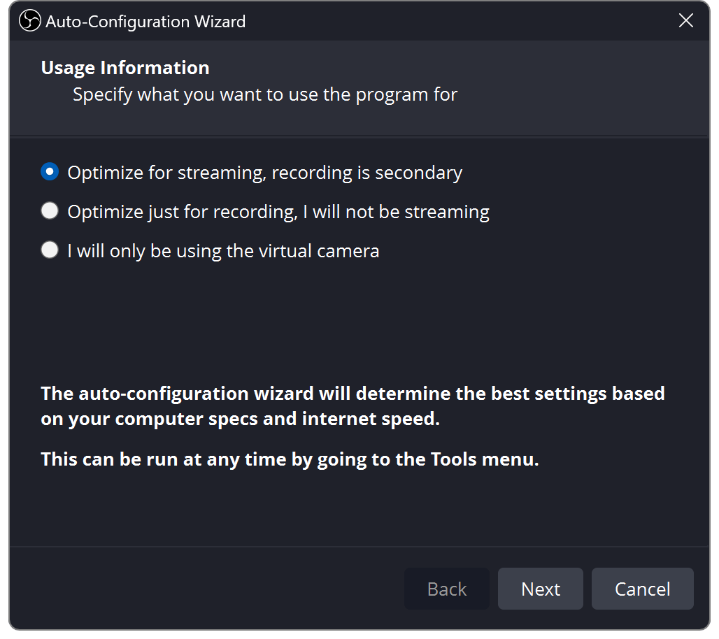 Окно Auto-Configuration Wizard в OBS Studio