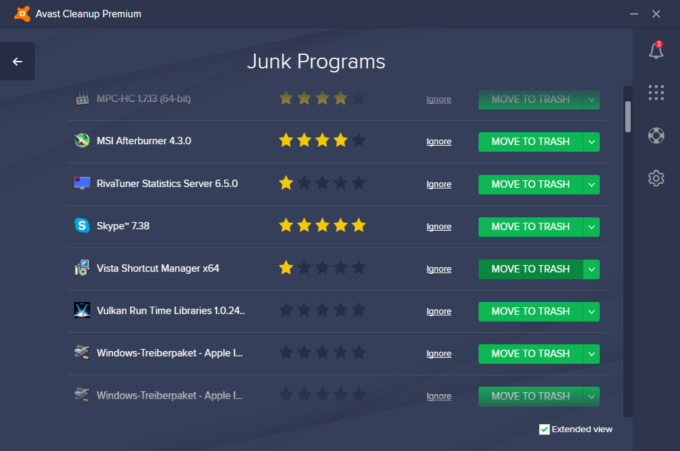 Альтернативный экран списка Junk Programs