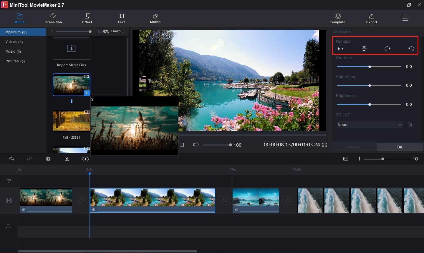 Интерфейс MiniTool MovieMaker с инструментами поворота и обработки видео