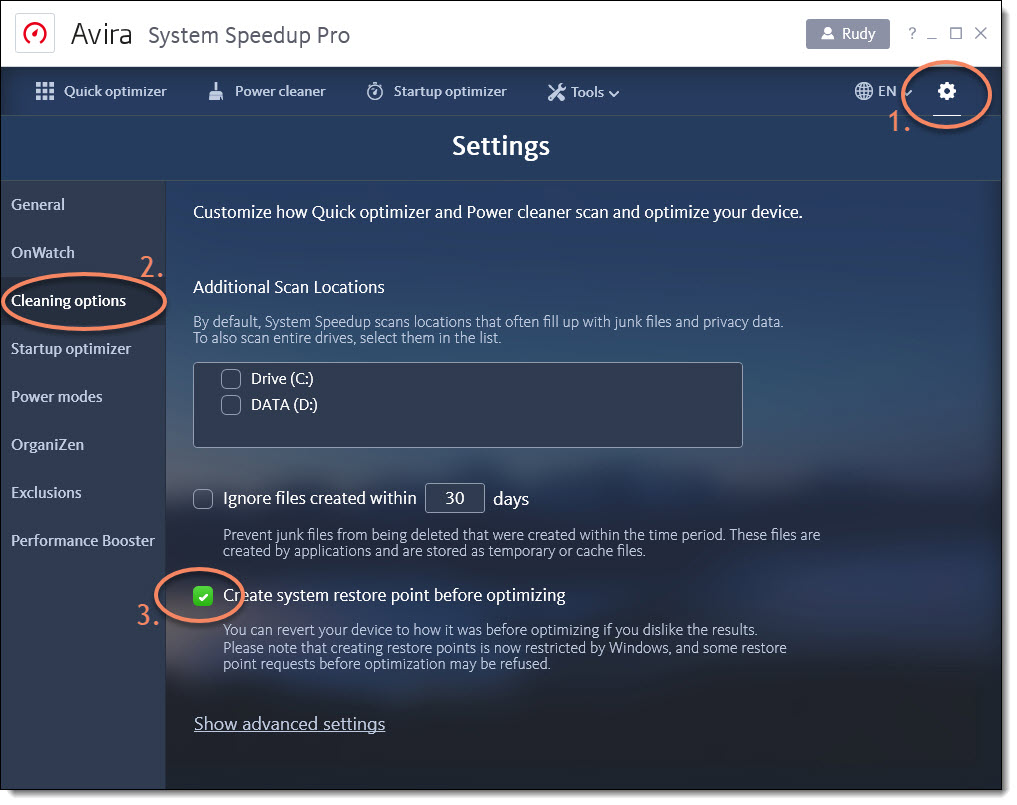 Настройки с включением Create system restore point before optimizing