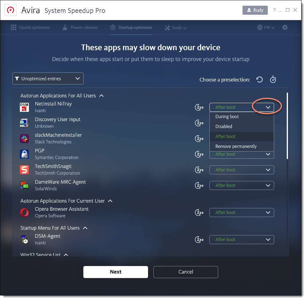 Список элементов автозагрузки с вариантами During boot, After boot и Disabled