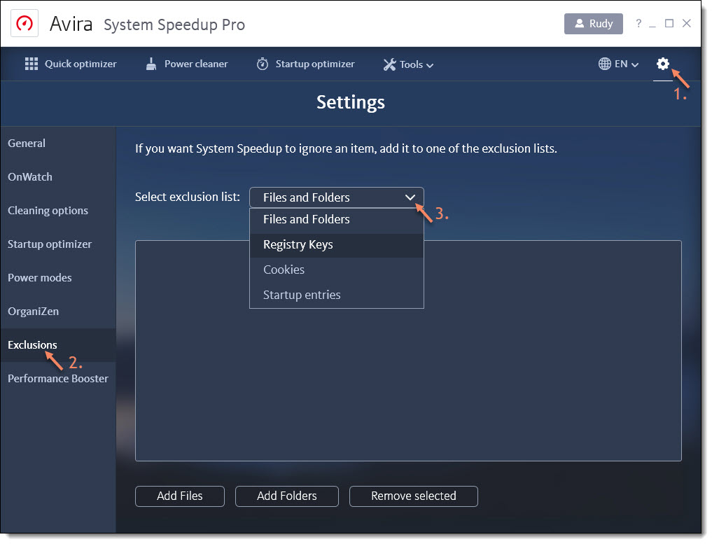 Раздел Exclusions с типами исключений Files and Folders, Registry Keys, Cookies и Startup entries