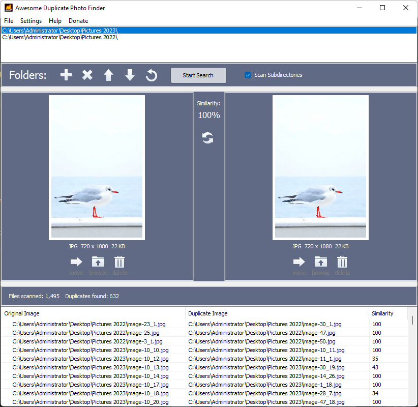 Результаты поиска дубликатов в Awesome Duplicate Photo Finder